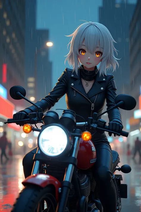 White-haired anime woman in biker clothes sitting on a motorbike in the city on a rainy night