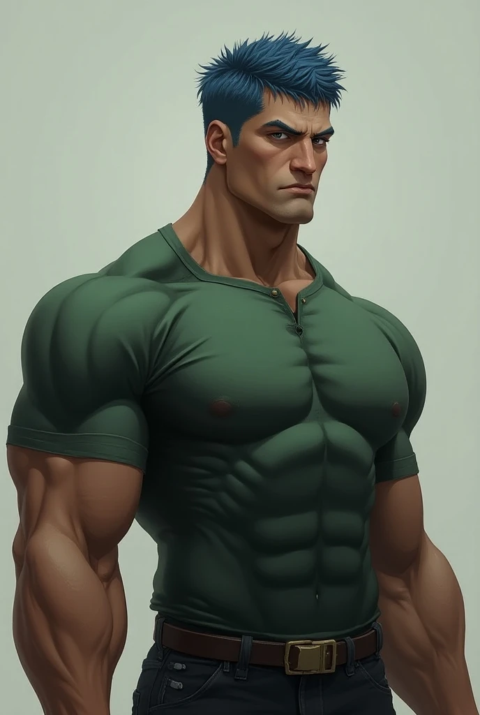 Muscular man in a green shirt with blue hair and a square face