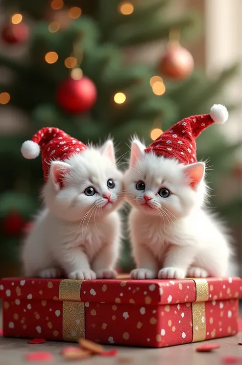 two cutest white fluffy  Christmas hat kitten sitting on Christmas  tree gift box, Christmas romance,lovable and furry, cute colorful adorable, valentine background, glittering lights,, holiday, crazy details, Elena style