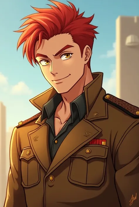  handsome red-haired man , thin yellow eyes ,  fair skin and strong body , Tall with a military-like uniform but brown with other details friendly face, ANIME STYLE 
