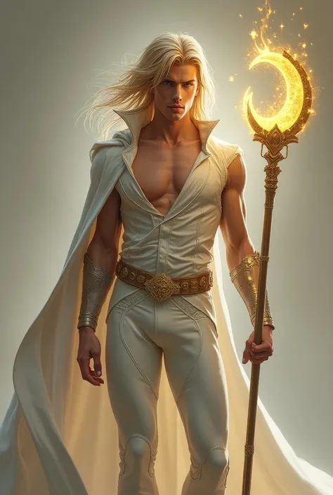 Make an full body photorealistic character of the hero handsome hunky slender blonde haired Cerin wearing powder white and silver for an X-Men RPG. He holding a magical golden moon staff its glowing 