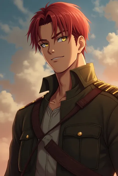  handsome red-haired man , thin yellow eyes ,  fair skin and strong body , Tall with a military-like uniform but brown with other details friendly face, ANIME STYLE (attack on titan)
