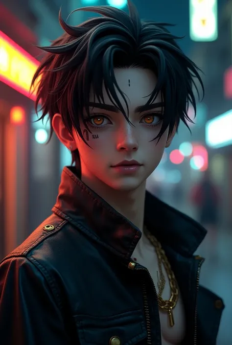  A young male character , pronounced bisector face  . Hairstyle side part 2 bangs 2 sides  . One side of the face is tattooed with the letter ANO under the left eye ,  sharp left side with lighter skin . Two different eyes :  The character wears a dark lea...