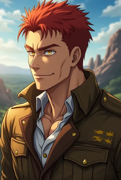  handsome red-haired man , thin yellow eyes ,  fair skin and strong body , Tall with a military-like uniform but brown with other details friendly face, ANIME STYLE (Attack on Titan)
