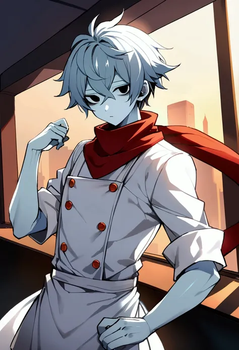 20 years old ghost boy, chef, all white, black eyes, white chef clothes, white skin, red chef scarf, apron