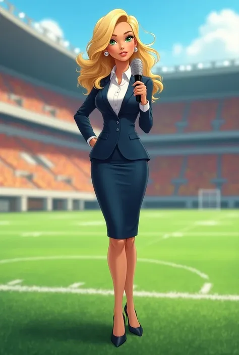 Western animation-inspired art style. She’s in her mid-30s. She has wavy blonde hair. She has green-colored irises. She has olive-tan skin. She has a slim and petite physique and an hourglass figure. Her breasts are medium sized. Her height is about 51. Sh...