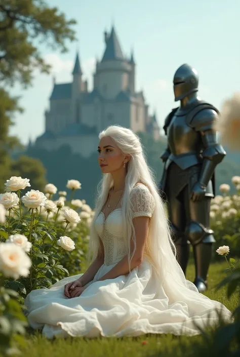 A middle-aged princess with snow-white skin and white hair sits on the grass surrounded by beautiful white roses. In the background, a castle can be seen. Next to her is a handsome knight in armor without a helmet.