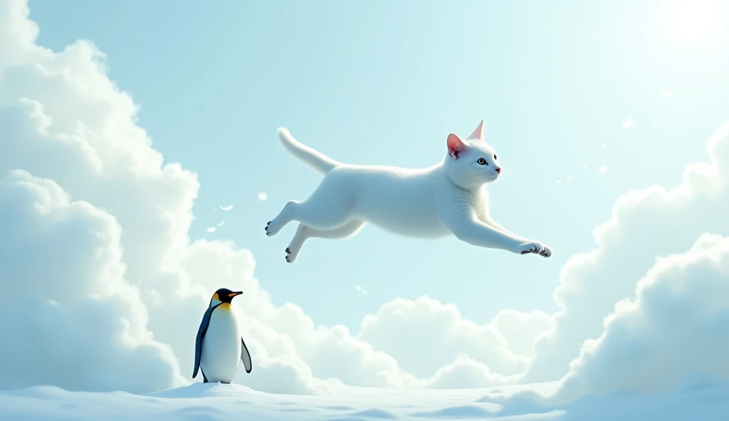 A cat flies on a white sky. A blue tinge has a penguin