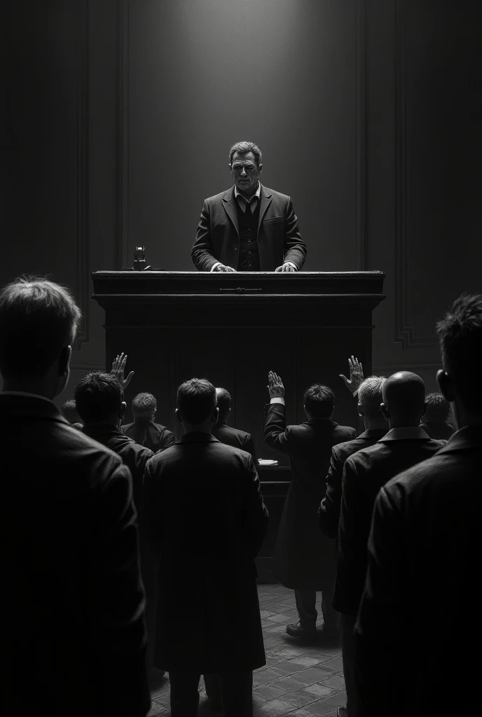 Generate an image with Patricio Estrella as a judge in a dark court,  with a number of people around .everyone with their hands up . in black and white