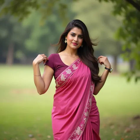 A photo of gorgeous Indian actress Kareena Kapoor with curvy thick bodied, wearing a plain dark pink tight-fitting sleeveless blouse both hand in air showing armpits with pink floral design saree, side pose, hand on hip, facing camera in the park. Captures...