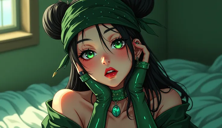 Beautiful sexy womanAnime, bandanna on the breast, wearing it at clothing, green wearing it on the breast that’s green and black transparent jeans with knee-high leggings and knee-high boots designs, detail different green eyeshadow, black eyeliner, glossy...