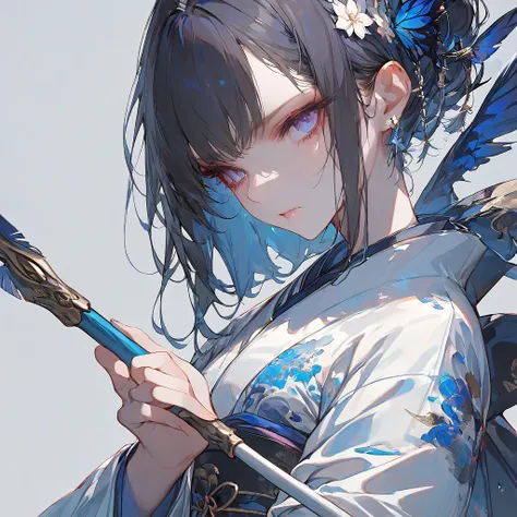  1 girl, solo,  High Resolution , masterpiece,  high detail,  ultra-fine,  simple background,  simple background,  character holding an arrow , Cropped, kimono