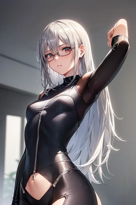 masterpiece, best quality,anime style, 1 girl,(((slender body))), (((small breast))),(((athlete body suit))), (beautiful face), (((medium hair,glasses))), (((straight hair))), ((((silver hair)))),detailed beautiful skin, (perfect hands, perfect anatomy)