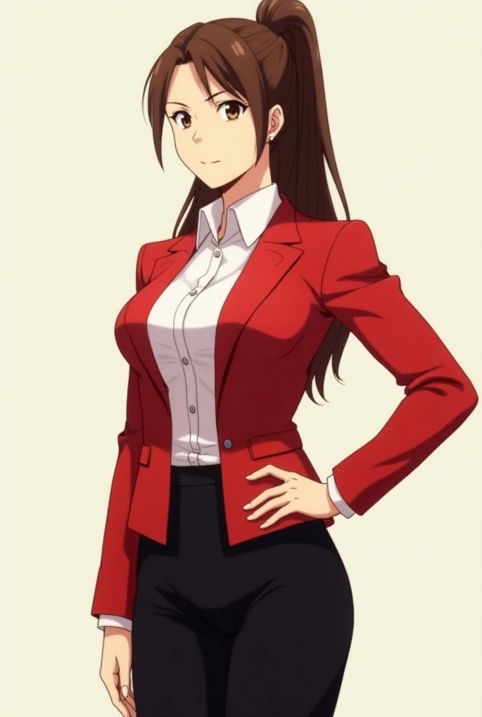 A full body image of a middle aged woman with long brown hair tied up, an hourglass figure, small breasts, hand on hip, authority, red jacket with white blouse underneath, black skirt, anime style