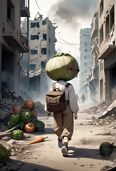 a young girl walking alone carrying a horrifying decoration that appears to be a severed human head made of vegetables like a helmet, the girl is  with short blonde hair, wearing a dirty white long-sleeved shirt and brown trousers, dirty white socks and ve...