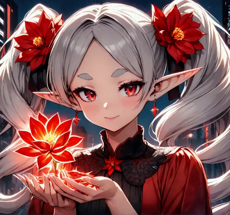 against the backdrop of the night city( red neon colors, haze in the sky), young woman ((pointy ears, elf, red earrings, twintails, parted bangs, grey hair, thick eyebrows), (magic in hand (fire flower)))