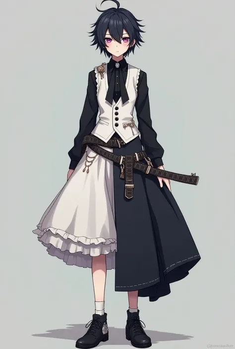  a person wearing formal androgynous social clothing that is half down a mullet skirt ( shorter on the front ) Half bulky white and half up would be a black dress blouse with a white vest , anime