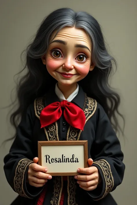 A doll of an old lady with black hair , light brown eyes, dressed in a black mariachi costume with a red ribbon around her neck and a sign in her hand that says ROSALINDA