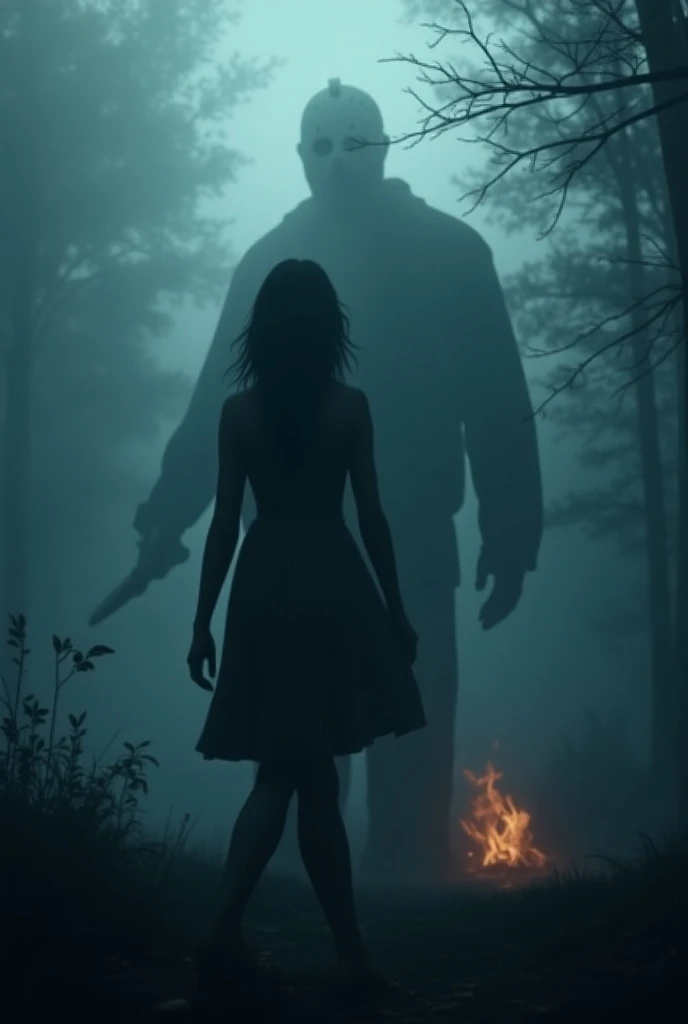 Create a cover for Jason Voorhees wattpad fanfic at Crystal Lake camp with a lot of fog ,  you can only see his silhouette and in front of him is a girl who seems afraid , But the cover also gives off an air of suspense and seduction , é um dark romance 