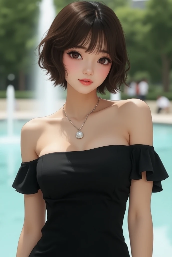 ( super real), (shape), ( High Resolution ), (8k), ( very detailed ), (Best shape), (Big beautiful double eyelids), (Best Quality), ( very detailed な), (masterpiece), (wallpaper), (Detailed face), Square with a fountain、A clear background、 short hair、Under...