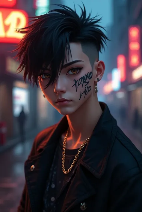  A young male character , pronounced bisector face  . Hairstyle side part 2 bangs 2 sides  .  One side of the face is tattooed with the letter ANO under the left eye ,  sharp left side with lighter skin . Two different eyes : The character wears a dark hip...