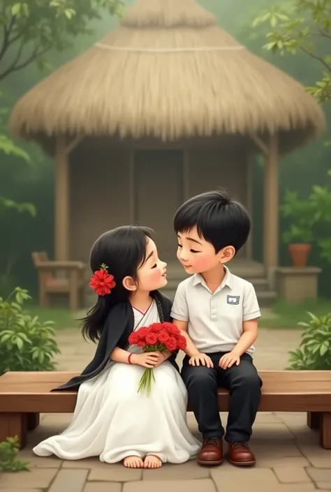 The image shows a young boy and girl sitting on a bench in a garden. The girl is wearing a traditional Indian white long dress black stole with a red flower in her hair and is holding a bouquet of red flowers. The boy is also wearing a white shirt and blac...