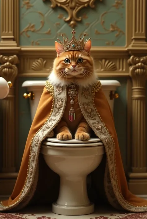 A caramel turner sitting on the toilet dressed as a king in a baroque style bathroom