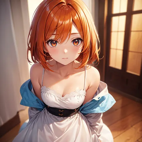 Beautiful anime girl, with short, shoulder-length orange hair, her eyes are light brown, her skin tone is porcelain-colored. She is looking straight ahead, it is a portrait photo, up to her shoulders, a photo for an ID, she is facing forward and you can se...