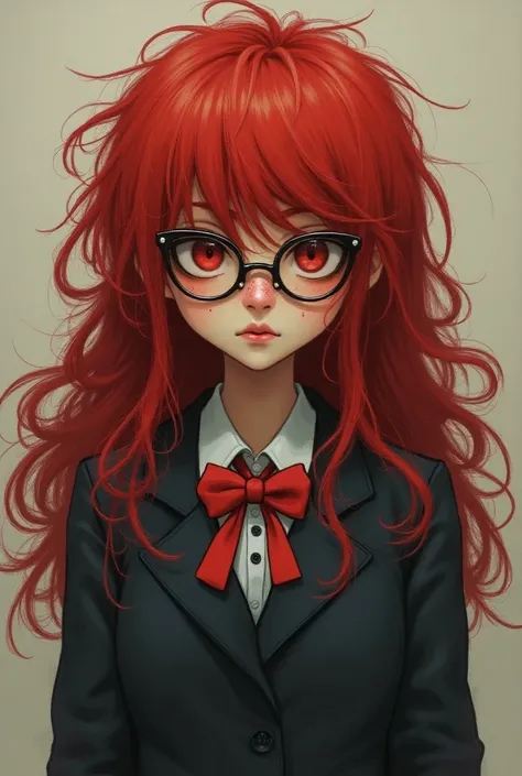 Make a weird , with red and frizzy and long hair, wearing Japanese school clothes , with an eyeglass , and a slight nosebleed