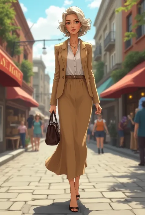 mature woman, Bella, Walking through the streets, dressed elegantly, animation style  