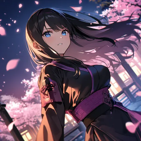 ｛create、 high quality、Highest quality、4K｝、Beautiful woman with large breasts、 Black Hair 、blue eyes、 Female Ninja 、Long Hair、Cherry Blossoms at Night、