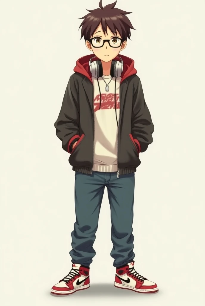 A full body image of a teenager, 13, male, brown hair, otaku, anime lover, headphones around his neck, glasses, anime hoodie, Jordan shoes, anime style