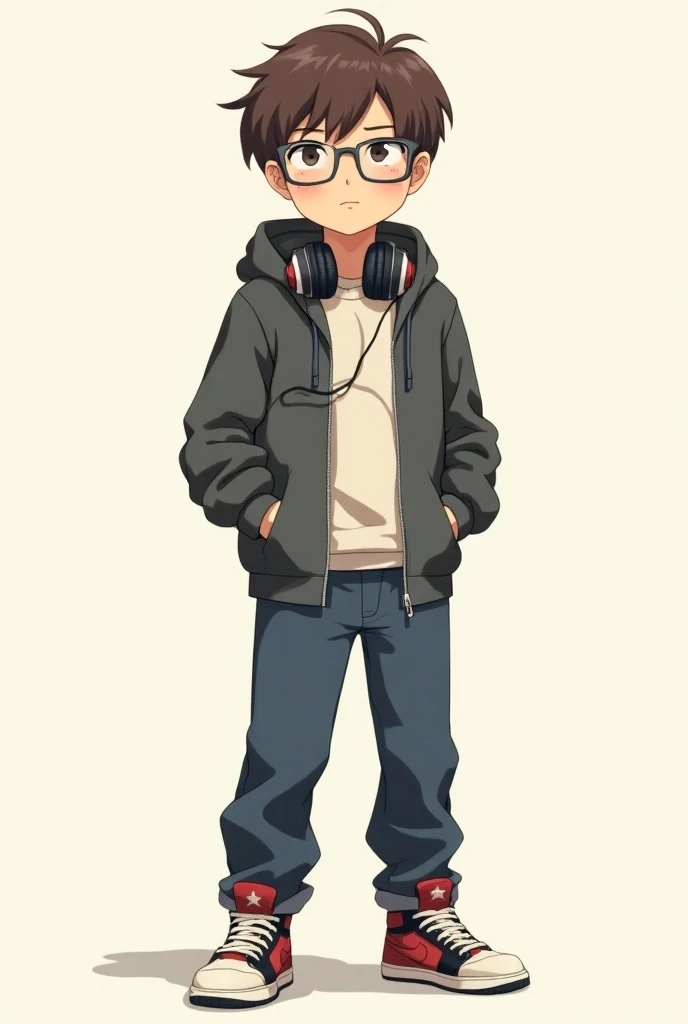 A full body image of a teenager, 13, male, brown hair, otaku, anime lover, headphones around his neck, glasses, anime hoodie, Jordan shoes, anime style