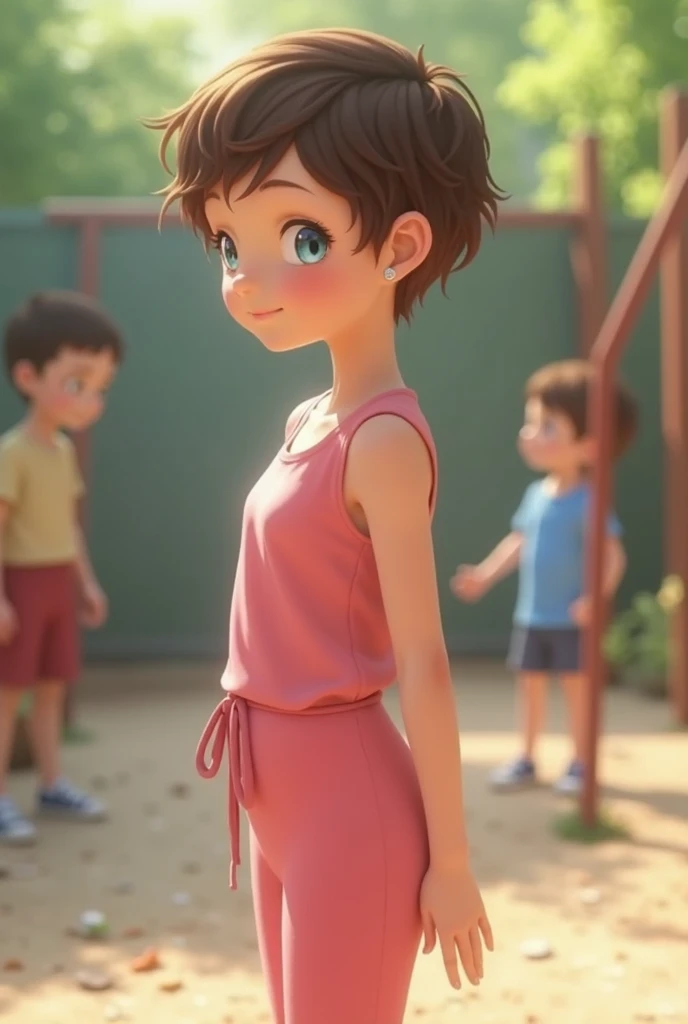 White girl , 10y, 1:4, standing, side view, pink jumpsuit, jumpsuit leggings, tight jumpsuit, waist cord, short pixie hair, brown hair, narrow hips, pointy bum, small earrings, hair pin, blue eyes, shy smile, playground, ren in background