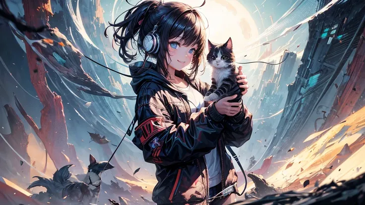 Perfect centering,  A cute kitten everywhere , Wear a college student jacket, wearing sunglasses, using headphones, big smile, standing position, abstract beauty, centered,  looking at the camera , Facing the camera, approaches perfection , dynamic, moonli...