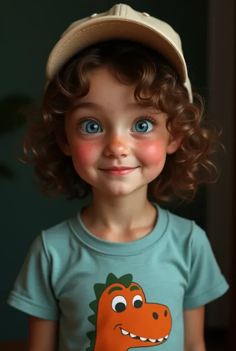  Hyperrealistic oil painting . 
Girl with curly brown hair .  Her hair is bulky and messy . He has blue eyes.  Her skin is light and freckled . 
 She wears a dinosaur t-shirt and a cap turned upside down.
smile.
 dim lighting.
arte digital. 