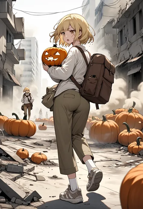   horrible expression A decoration that looks like a freshly fired pumpkin is on her hand {x} holding a horrible ornament that looks like a cut human head made of pumpkins girl walking alone,  Short blonde hair ,   dirty white socks and very dirty sneakers...