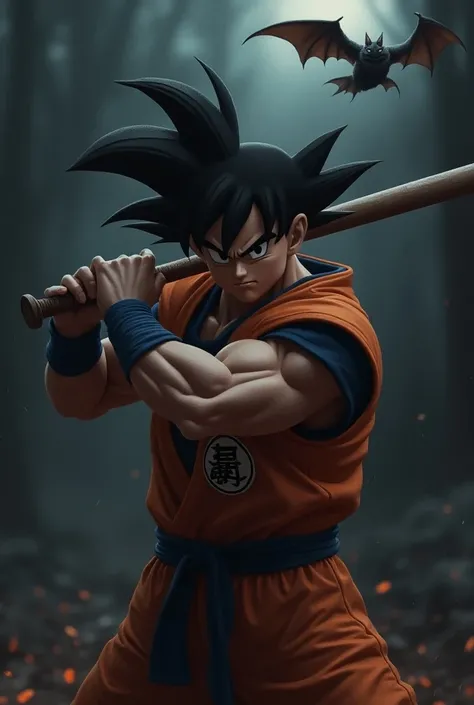 Goku with a bat flying over his shoulder dark background 