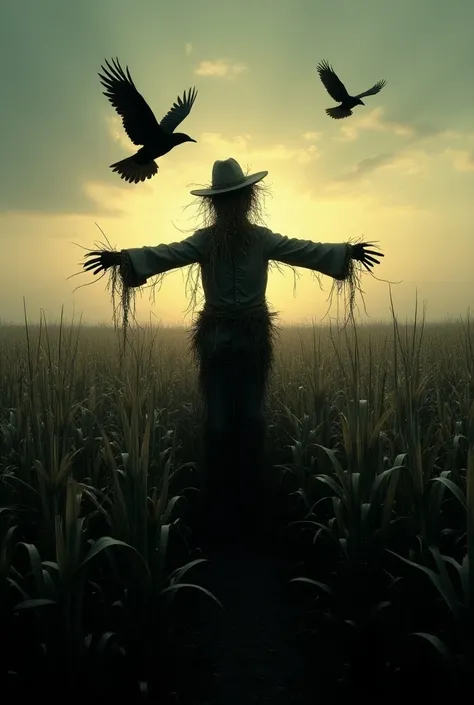  Make a cornfield at dusk with crows flying over it with a scarecrow in the middle, The cornfield has an abandoned atmosphere 