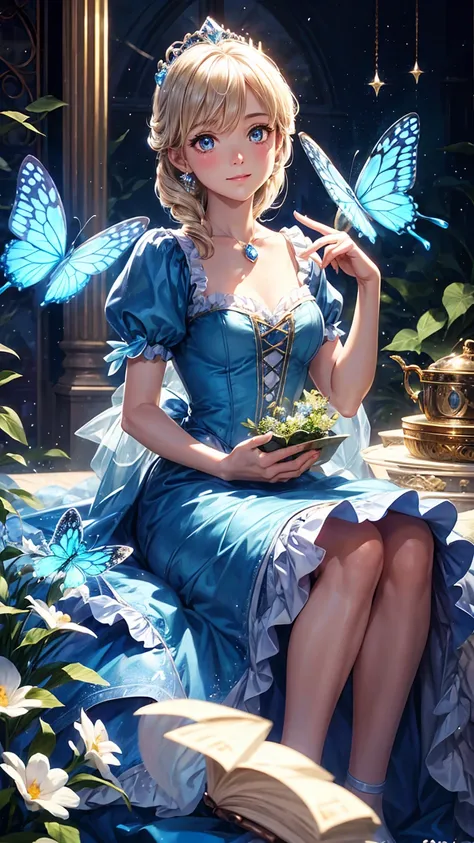 Highly detailed and realistic photos in Disney style, A character resembling a young Cinderella appears. The image shows、It shows little Cinderella in a sparkling blue dress.。, Surrounded by glowing butterflies. She sits on a magical petal-strewn shelf, Dr...