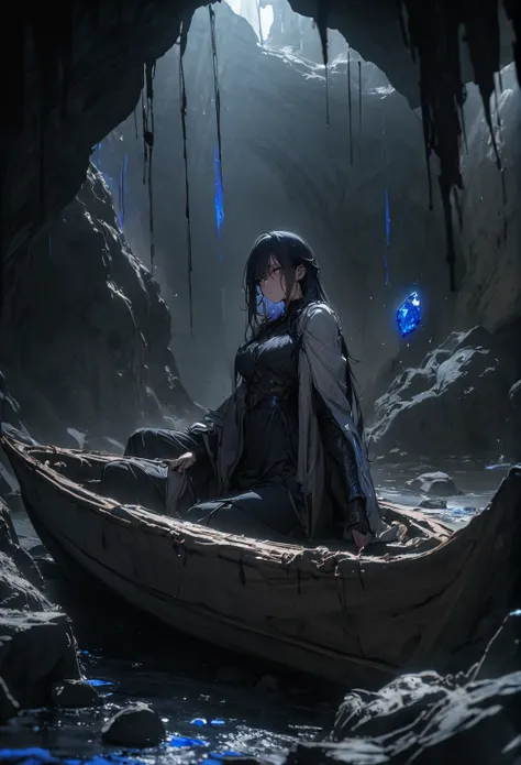 masterpiece, 8k,  Top Quality, Very detailed,  and sitting hesitantly & Blue Stone, Paladin,  holding a boat , Covered in scars, Inside the cave ,  a human woman with long dark blue hair , bloodiness