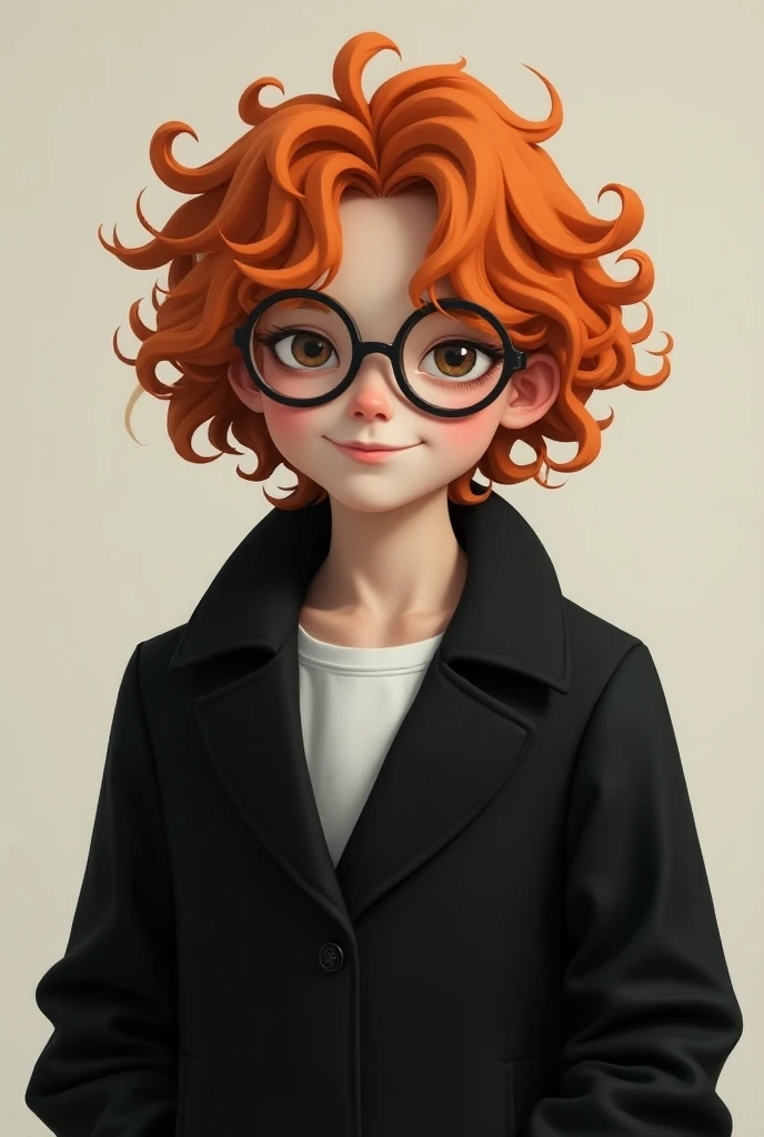 Make a boy,  with orange hair curled up to the shoulder,  wearing an all-black outfit ,  with a white t-shirt underneath ,  with glasses and a strange smile 