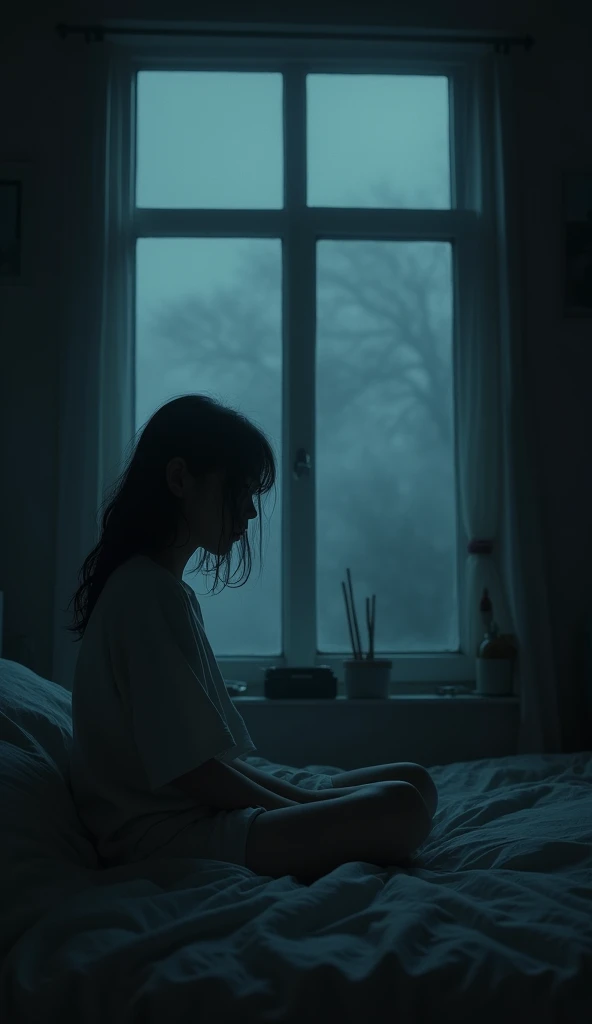 The image of a young girl around 18 years old, sitting on the bed looking out the window, in a small room. The scene was taken at night, the scene outside the window is dark, covered with black fog, the surrounding scenery is immersed in darkness, adding t...