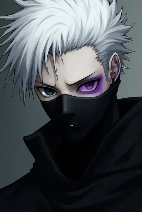 white hair chest purple highlight in the eye black mask 