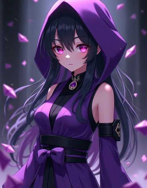 Fille animé. Elle porte une robe hanfu violette sans manches et une capuche mais ne porte actuellement pas la capuche, ainsi quune robe intérieure noire. Sur son dos se trouve le symbole des Assassins de lOmbre. Sur les manches de sa robe se trouvent des p...