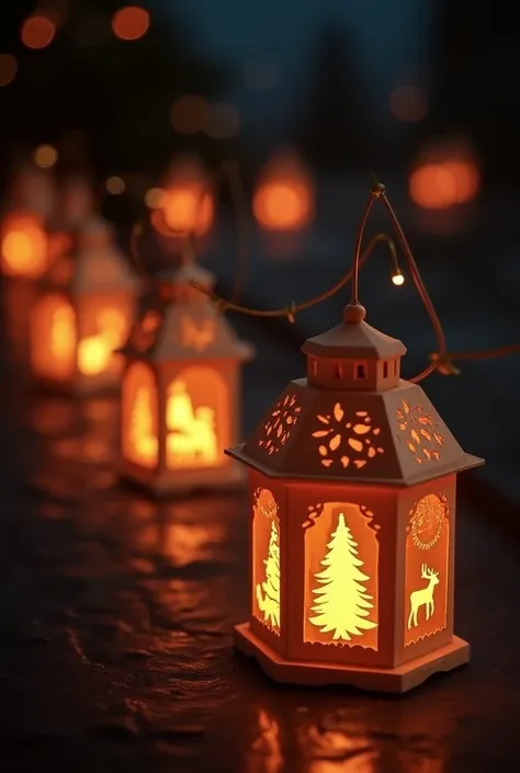 Lanterns cut in a dotted line that reveals illuminated Christmas images