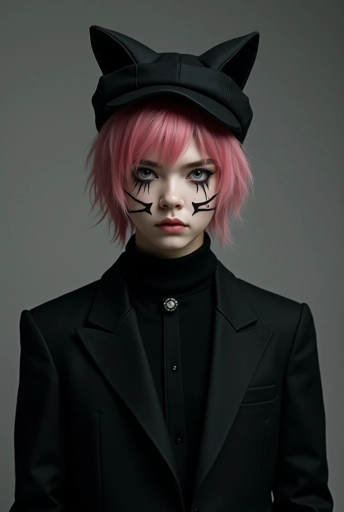  Make a slightly pink-haired, emo , with a black outfit, a serious look ,  man with two cat mustaches and two lashes painted on his face,  wearing a black cat cap 