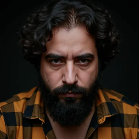  intricate detailed portrait of a man with a beard, with gold-on-black checkered lumberjack shirt, cuerpo completo, photorealistic, hyperrealistic,  dramatic lighting ,  cinematographic , 8K,  high resolution,  extremely detailed ,  masterpiece .

