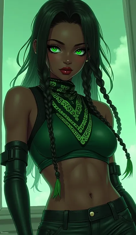 Beautiful sexy black skin, womanAnime, bandanna on the breast, wearing it at clothing, green wearing it on the breast that’s green and black transparent jeans with knee-high leggings and knee-high boots designs, detail different green eyeshadow, black eyel...