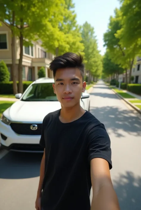 A young individual taking a selfie in an urban residential area, standing on a clean black asphalt road. A shiny white SUV is parked close behind, showcasing its sleek design. The setting features vibrant green trees and neatly maintained lawns typical of ...